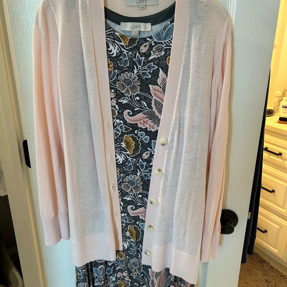 LOFT Light Pink Button-Up Cardigan and floral dress